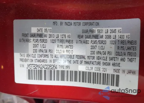 2010 Mazda Cx-9 from USA, damaged, VIN JM3TB2MA2A0226264